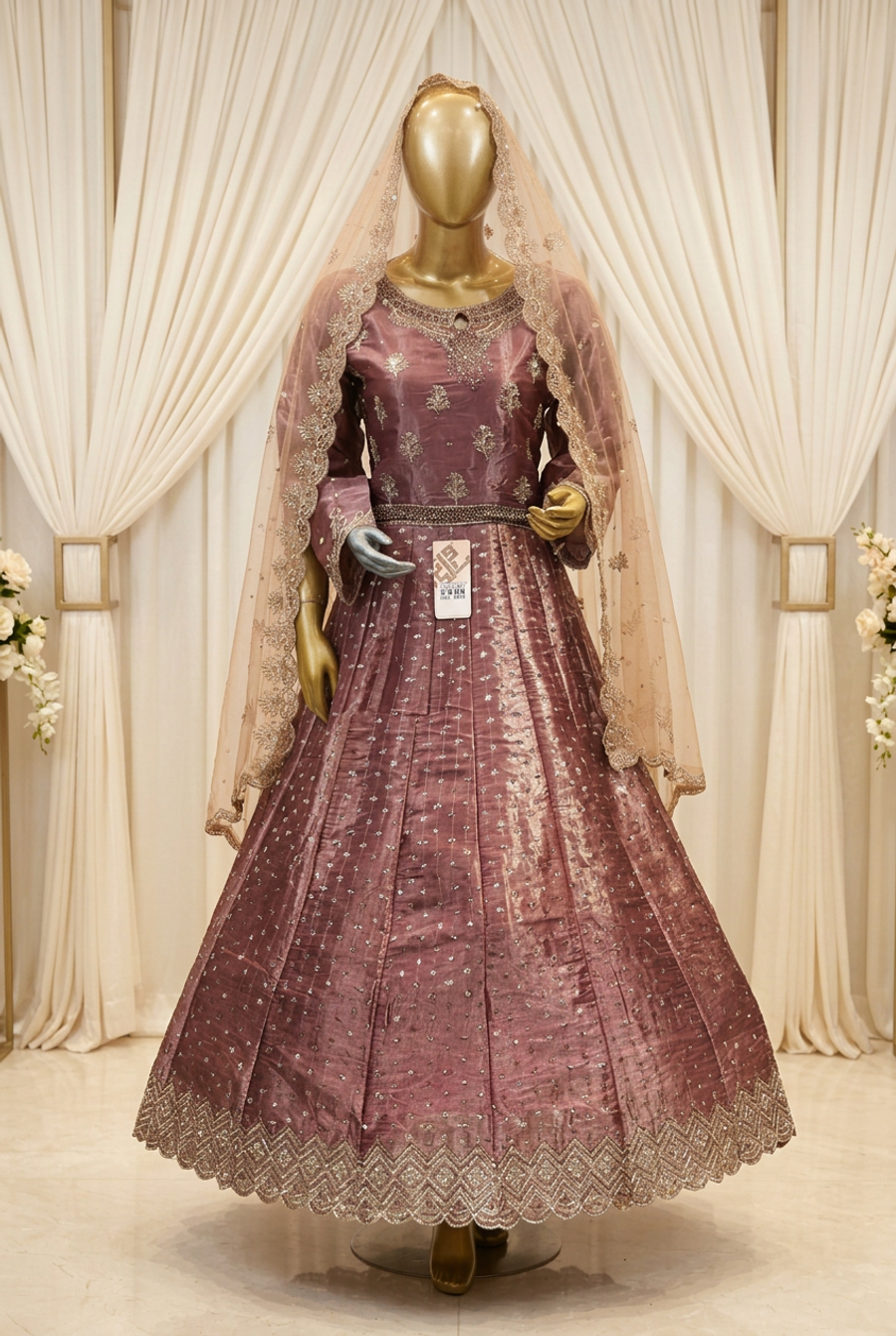 Plum Rose Scalloped Majesty | Metallic Botanical Embroidery & Geometric Hem | Pakistani Formal Flared Gown | Embellished Blush Dupatta | BAWANY Collection — Formals by Bawany Threads & Style