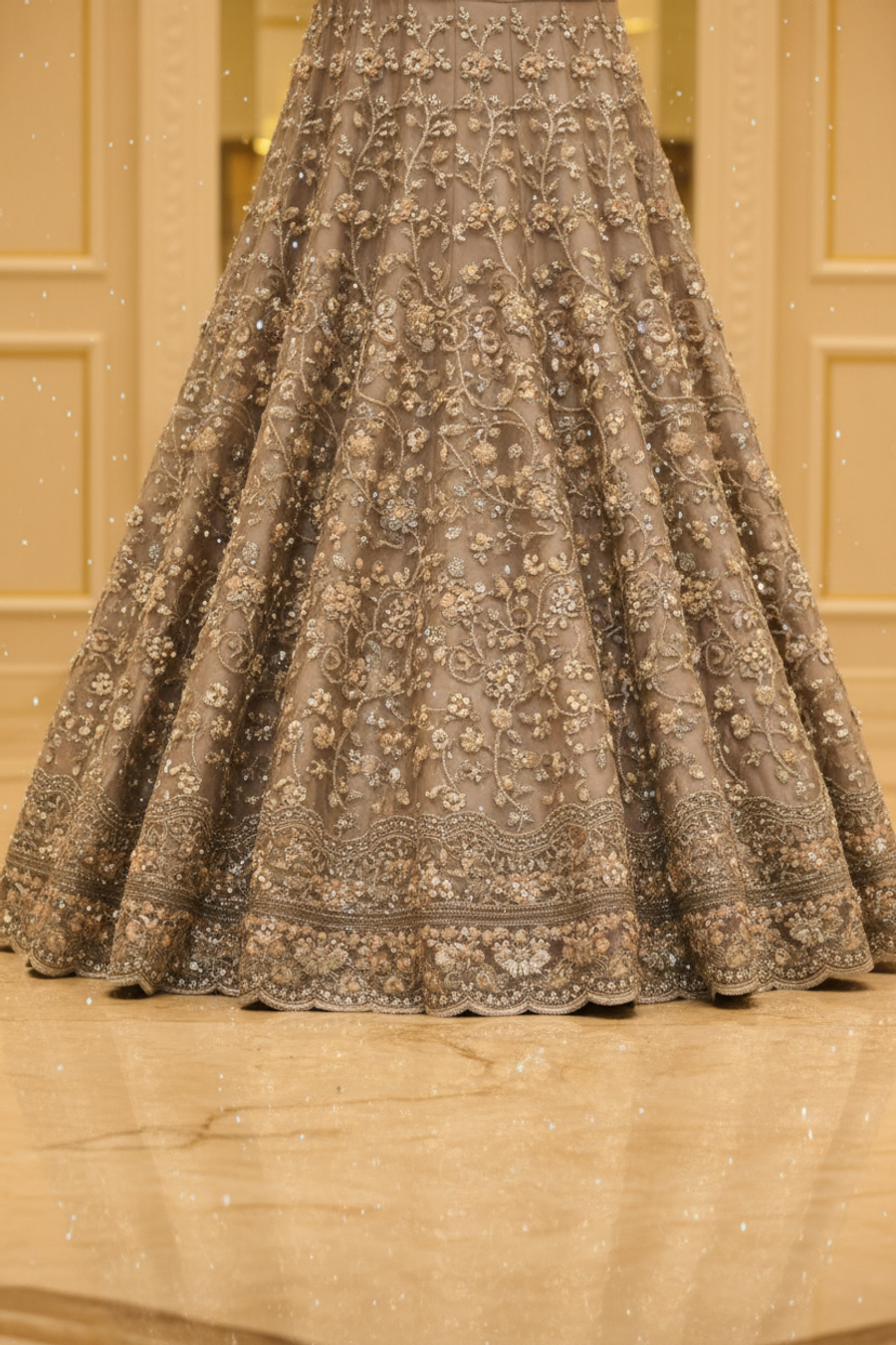 Silver Grey Net Lehenga Set with Embroidered Jacket | Pearl Tassel Belt & Potli Bag — view 4 — Bridal by Bawany Threads & Style