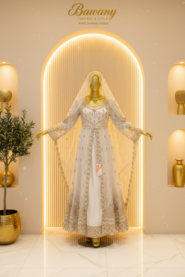 White Bridal Open-Front Jacket Gown | Diamond Lattice Silver Zardozi & Bell Sleeves | 2-Piece Pakistani Formal Wear | Ivory White Wedding Gown | Scalloped Waistband | Matching White Dupatta | Nikah & Walima Collection — Organza by Bawany Threads & Style