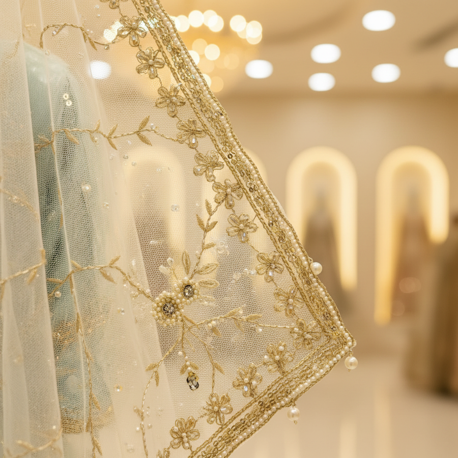 Icy Blue Pleated Embroidered | Silver-Gold Floral Vine Work | 3-Piece Pakistani Formal Suit | Sheer Ivory Dupatta & Matching Accessory | Festive Collection — view 4 — Tissue by Bawany Threads & Style