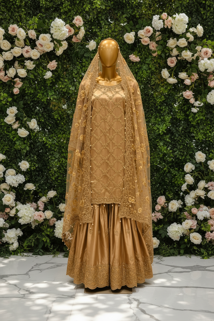 Champagne Gold Lattice Zardozi Gharara Set with Net Dupatta — view 3 — Bridal by Bawany Threads & Style