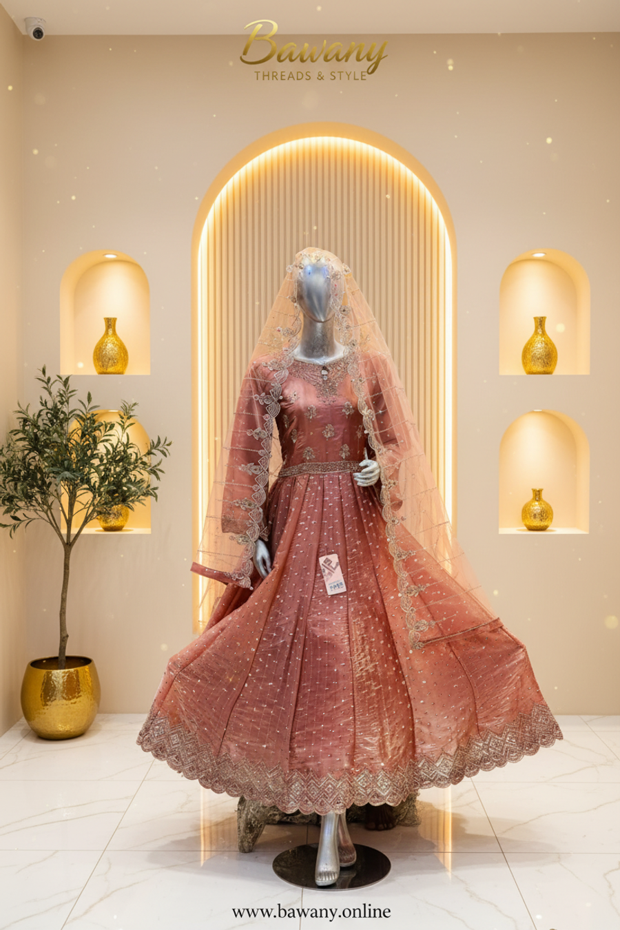 Dusty Rose Bridal Anarkali Gown | Grid Sequin Skirt & Scalloped Zardozi Cuff & Hem Border | 2-Piece Pakistani Bridal Wear | Terracotta Pink Wedding Gown | Matching Salmon Dupatta | Walima & Nikah Collection — Formals by Bawany Threads & Style