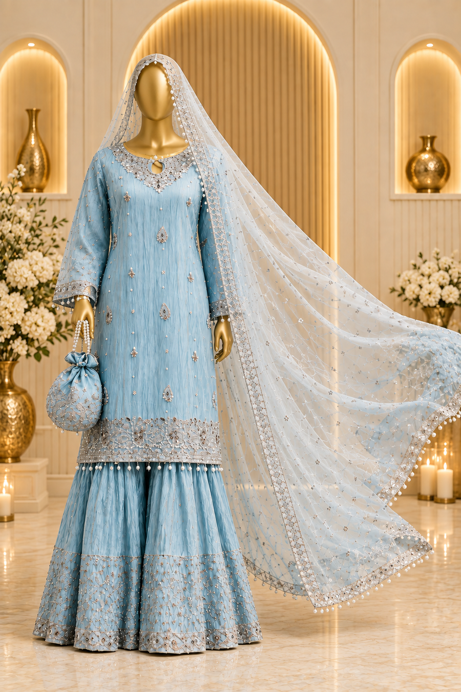 Powder Blue Embroidered Sharara Set | Silver & Pearl Neckline Work | 3 Piece Pakistani Formal Sharara | Sheer Dupatta & Matching Potli | Formal Collection — view 2 — Organza by Bawany Threads & Style