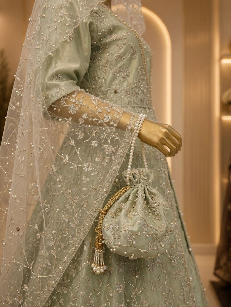 Sage Green Heavy Embroidered Bridal Gown with Veil & Potli Bag | Pakistani Walima & Wedding Dress — view 2 — Bridal by Bawany Threads & Style