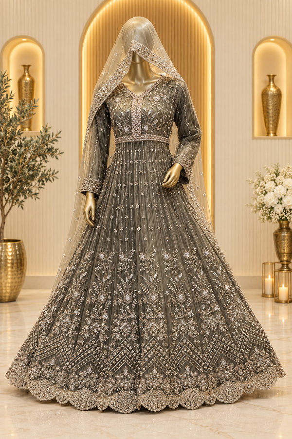 Charcoal Olive Embroidered Gown | Silver Floral Bodice & Scalloped Hem | Pakistani Formal Dupatta Outfit | Deep Olive-Grey Full Flare | BAWANY Collection — Formals by Bawany Threads & Style