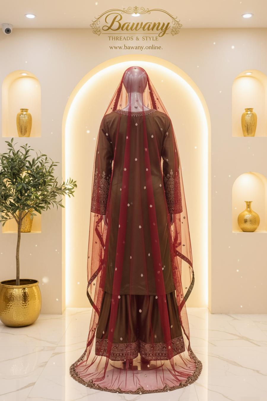 Olive Green Bridal Sharara Set | Fleur-de-Lis Motifs & Diamond Lattice Zardozi Borders | 3-Piece Pakistani Bridal Wear | Khaki Green Wedding Sharara | Contrasting Maroon Dupatta | Walima & Nikah Collection — view 4 — Chiffon by Bawany Threads & Style