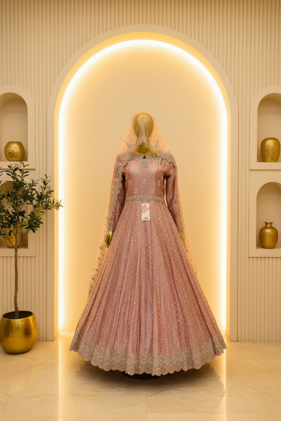 Dusty Rose Mauve Silk Anarkali Gown | Silver Crystal Booti & Jewellery Veil — Bridal by Bawany Threads & Style