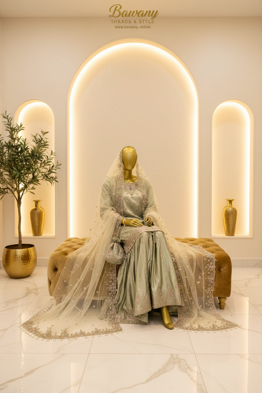 Sage Green Bridal Gharara Suit | Silver Zardozi Bouquet Motifs & Pearl Fringe Drops | 3-Piece Pakistani Formal Wear | Mint Grey Wedding Gharara | Walima & Nikah Collection — view 3 — Formals by Bawany Threads & Style