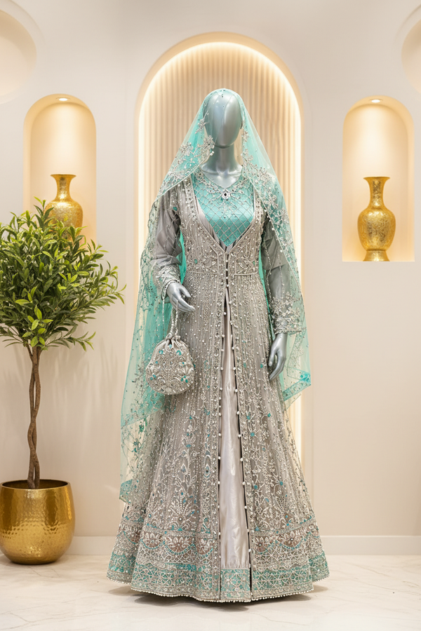 Seafoam & Champagne Silver Embroidered Dress | Floral Lattice Work & Ornate Hem | Pakistani Formal Occasion Wear | Sheer Veil & Matching Potli | BAWANY Collection — Organza by Bawany Threads & Style