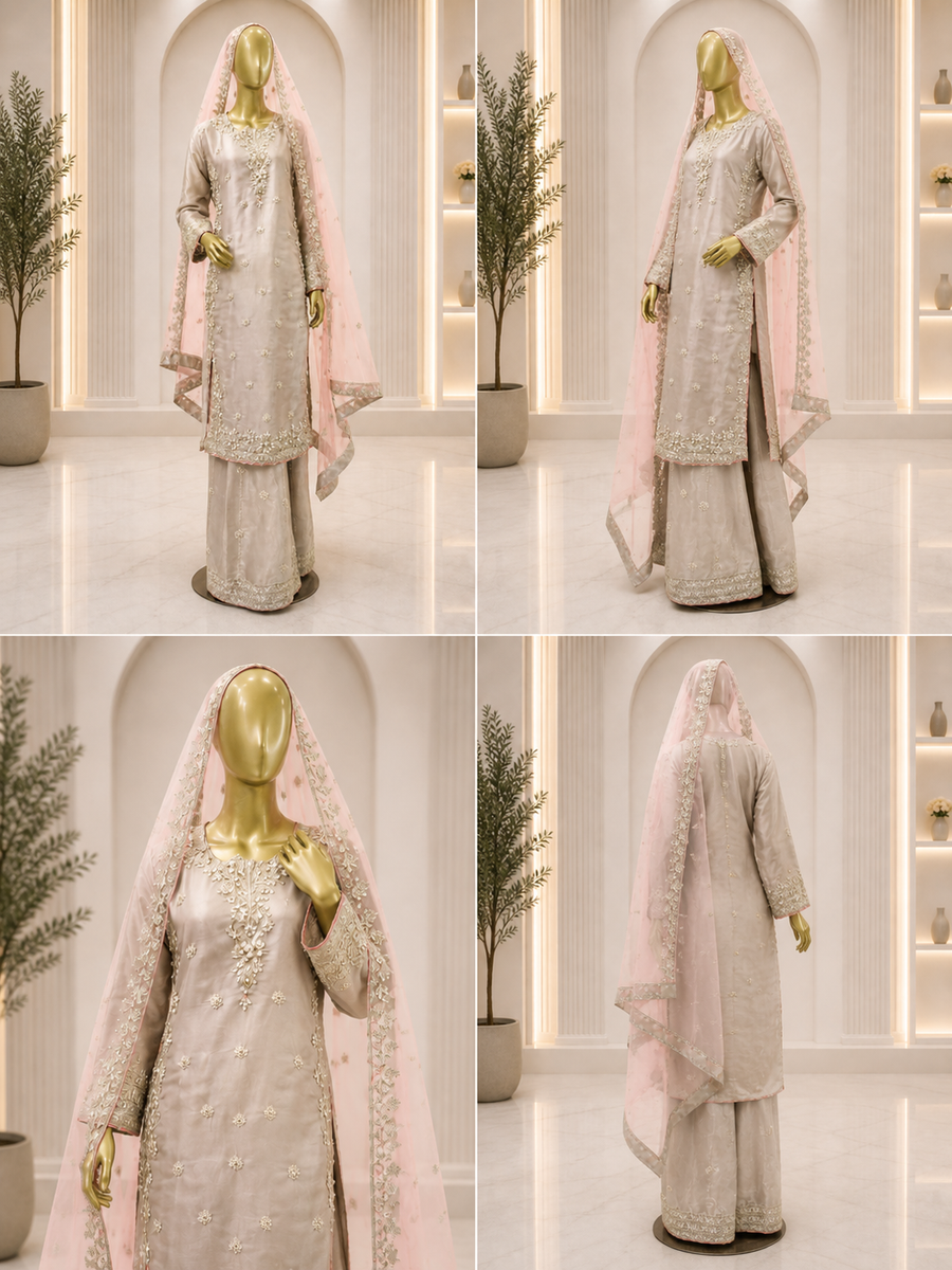 Elegant Champagne Beige Silver Embroidered Pakistani Formal Suit with Pink Dupatta — view 2 — Formals by Bawany Threads & Style