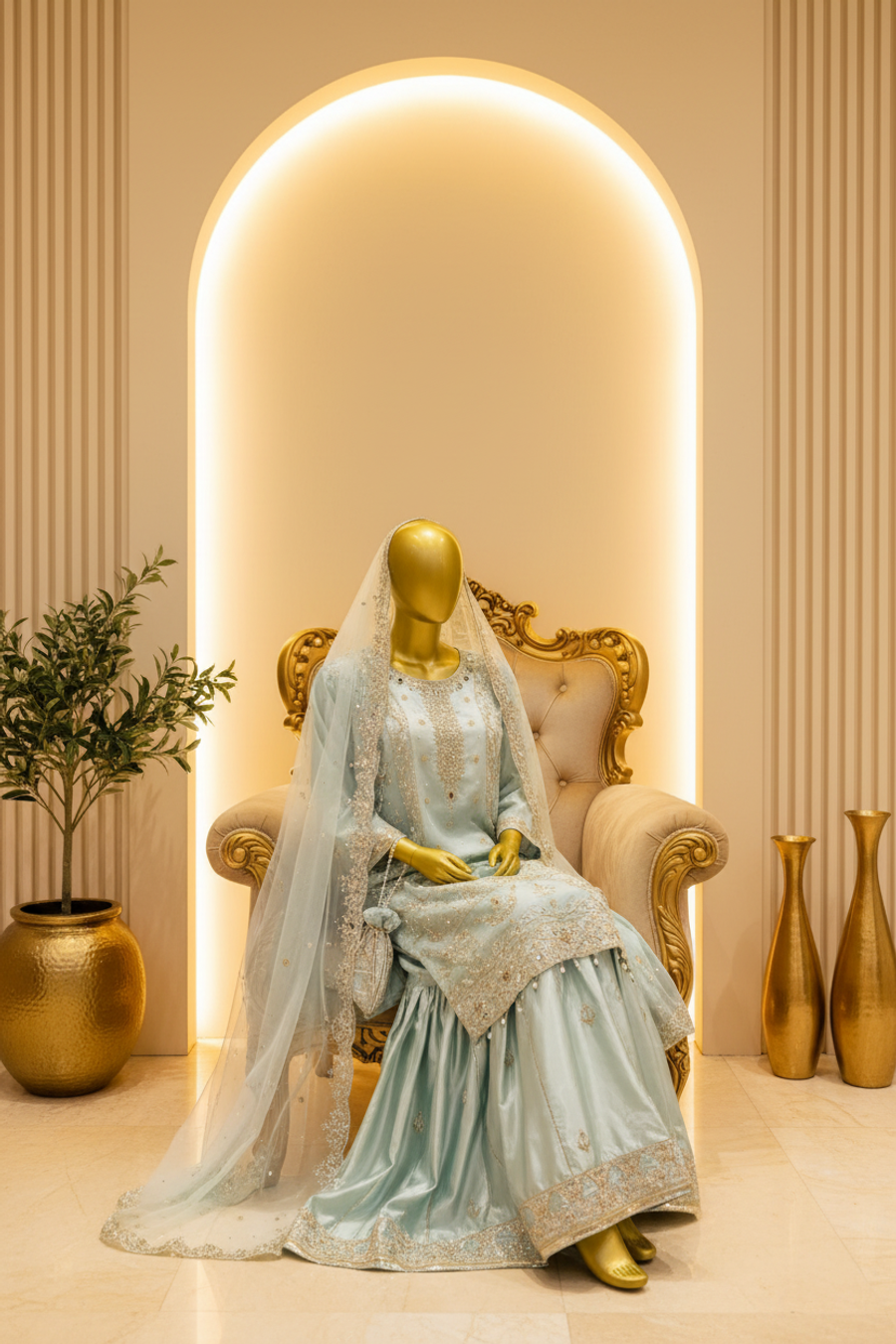 Mint Ice Blue Organza Gharara Set | Gold Silver Zardozi Embroidery & Pearl Tassel Drops — view 3 — Bridal by Bawany Threads & Style