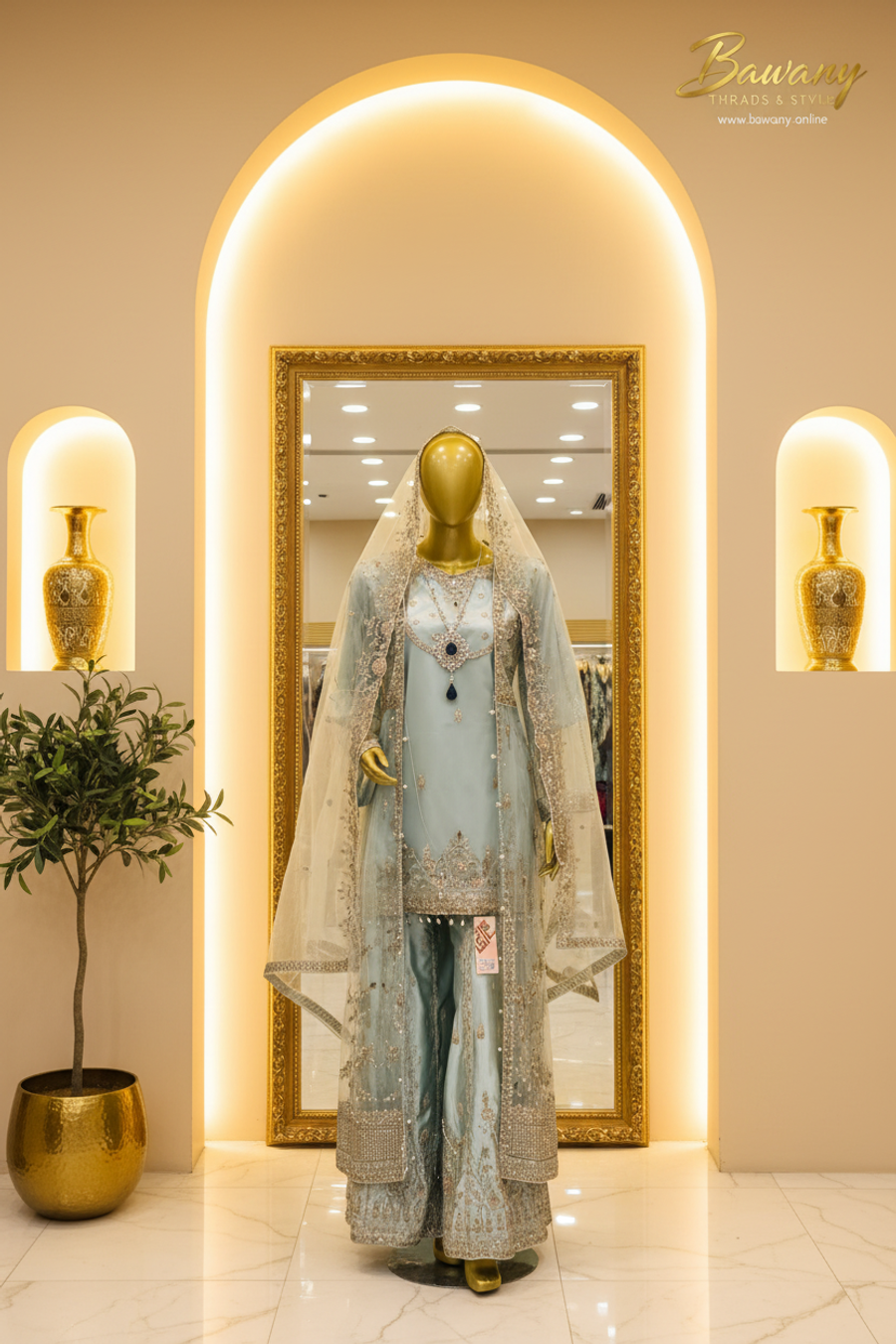 Ice Blue Bridal Palazzo Suit | Silver Zardozi Open Front Jacket & Stone Drop Medallion | 3-Piece Pakistani Formal Wear | Powder Blue Wedding Suit | Walima & Nikah Collection — view 2 — Organza by Bawany Threads & Style