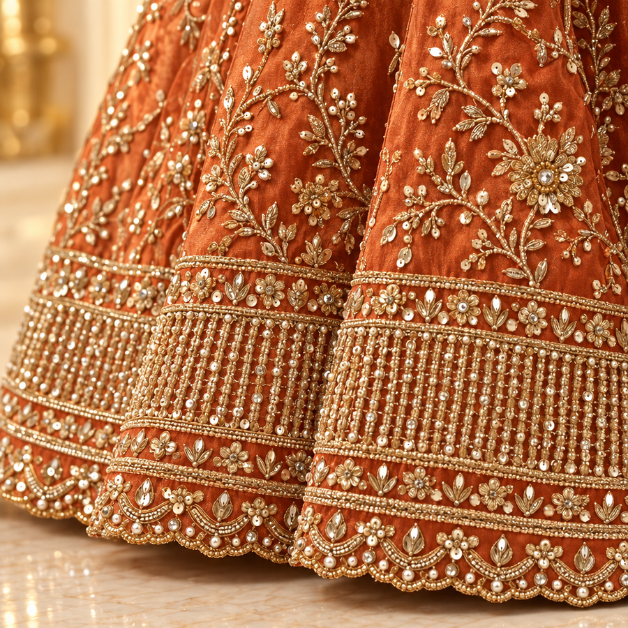Burnt Copper Bridal Lehenga Set | Gold Embroidered Open-Front Jacket & Pleated Lehenga | Pakistani Wedding Outfit | Sheer Embroidered Dupatta | Bridal Collection — view 4 — Net by Bawany Threads & Style