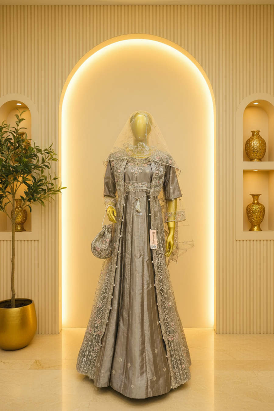 Silver Grey Silk Anarkali Gown with Embroidered Net Jacket | Pearl Tassel Belt & Potli Bag — Bridal by Bawany Threads & Style