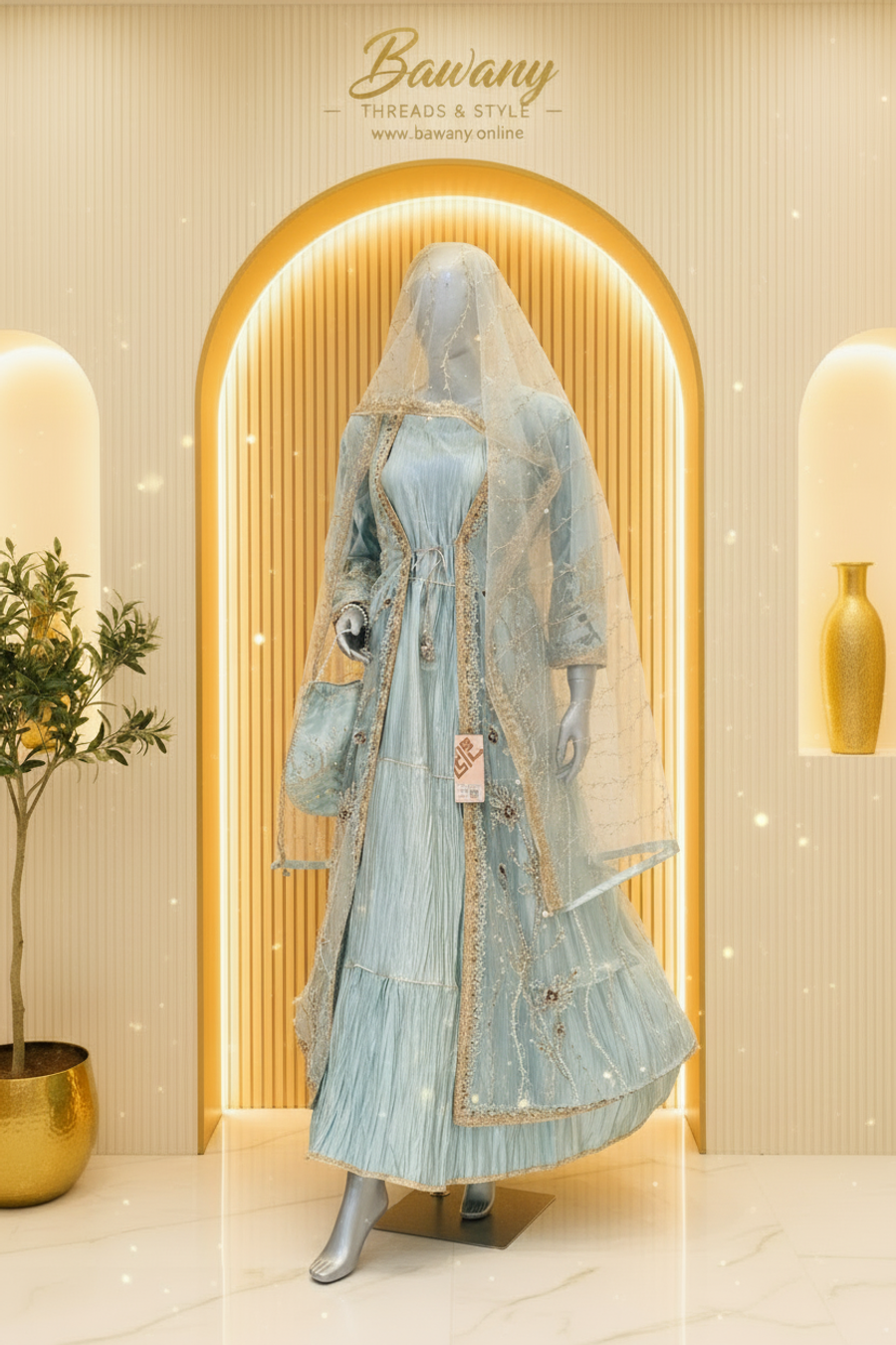 Icy Blue Pleated Embroidered | Silver-Gold Floral Vine Work | 3-Piece Pakistani Formal Suit | Sheer Ivory Dupatta & Matching Accessory | Festive Collection — view 2 — Tissue by Bawany Threads & Style