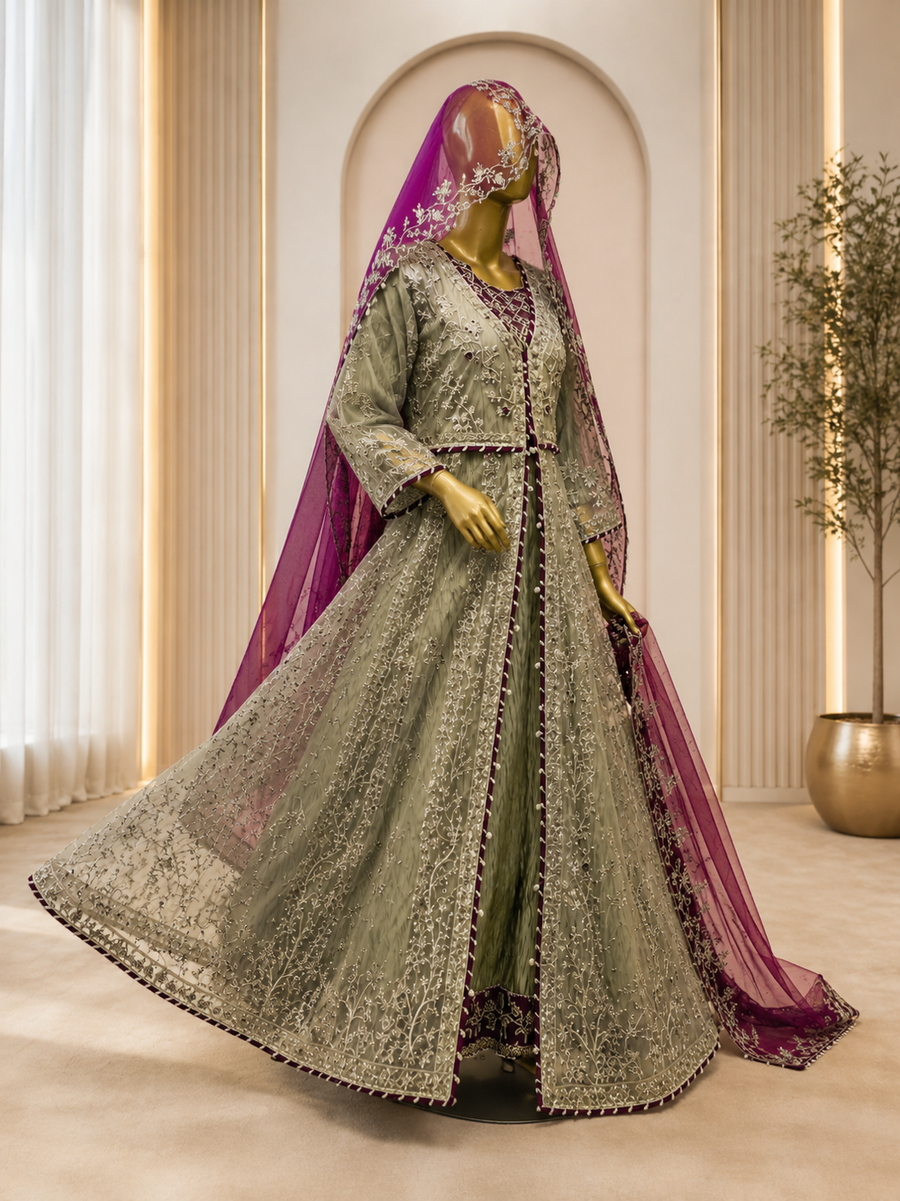 Sage Green Heavy Silver Embroidered Bridal Gown with Purple Dupatta — view 2 — Bridal by Bawany Threads & Style