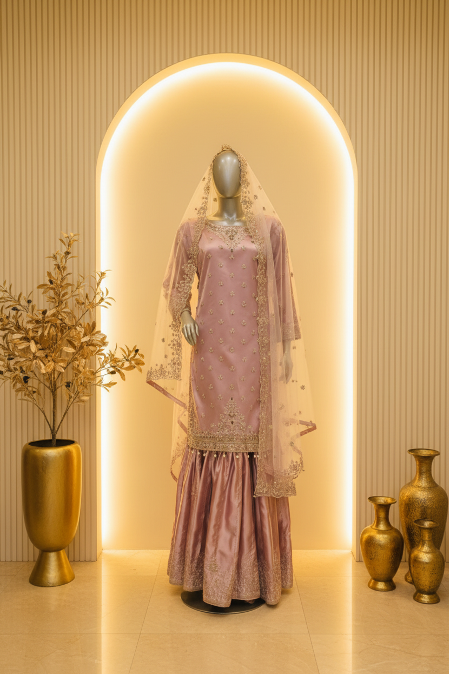 Dusty Lilac Silver Embroidered Bridal Gharara Set | Crystal Booti & Veil — view 2 — Organza by Bawany Threads & Style