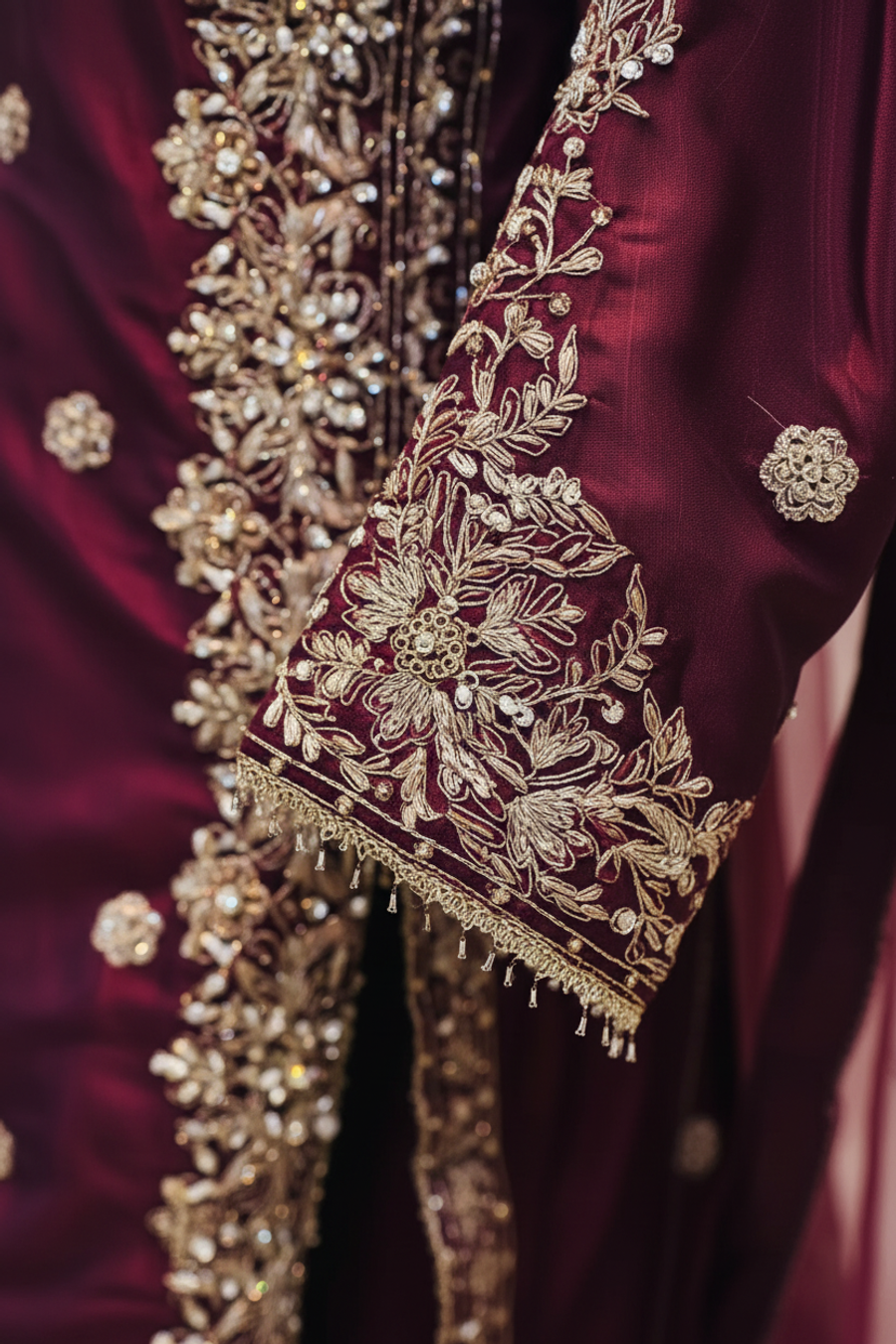 Deep Maroon Floral Embroidered | Silver & Blush-Pink Threadwork | 3-Piece Pakistani Bridal Formal Suit | Sheer Dupatta & Ornate Trouser Borders | Barat & Walima Collection — view 3 — Net by Bawany Threads & Style