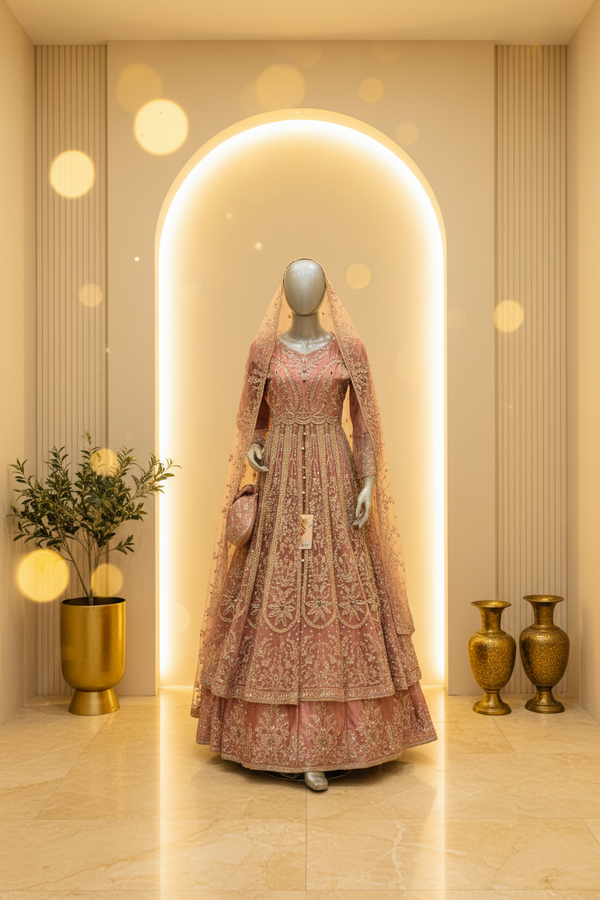 Dusty Rose Silk Bridal Lehenga Gown | Gold Zardozi Open Front Panel & Pearl Button Belt — Bridal by Bawany Threads & Style