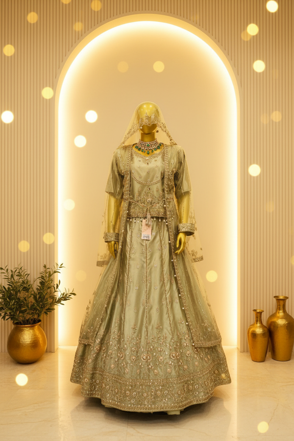 Sage Green Pistachio Silk Anarkali Gown | Pearl Booti Net Jacket with Veil — Bridal by Bawany Threads & Style