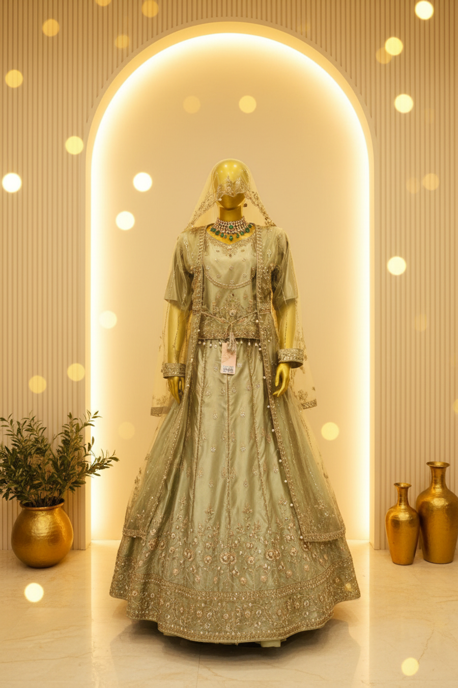Sage Green Pistachio Silk Anarkali Gown | Pearl Booti Net Jacket with Veil — Bridal by Bawany Threads & Style
