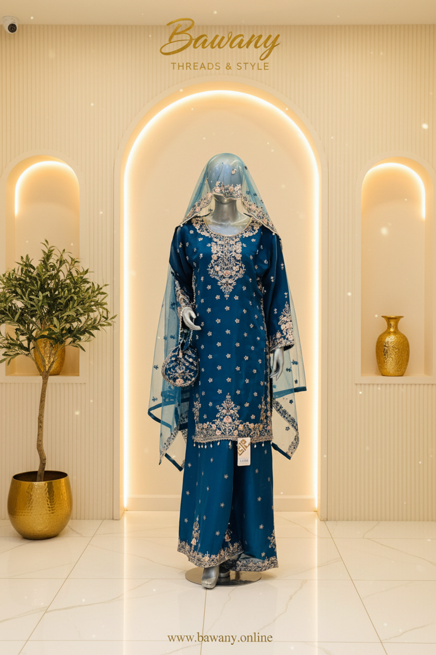 Peacock Teal Bridal Palazzo Set | V-Neckline Silver Zardozi Panel & Pink Blush Florals & 4-Petal Star Motifs | 3-Piece Pakistani Formal Wear | Deep Teal Georgette Kurti & Palazzo | Pearl Tassel Borders | Sky Blue Dupatta & Teal Potli Bag | Walima & Formal Collection — view 4 — Formals by Bawany Threads & Style