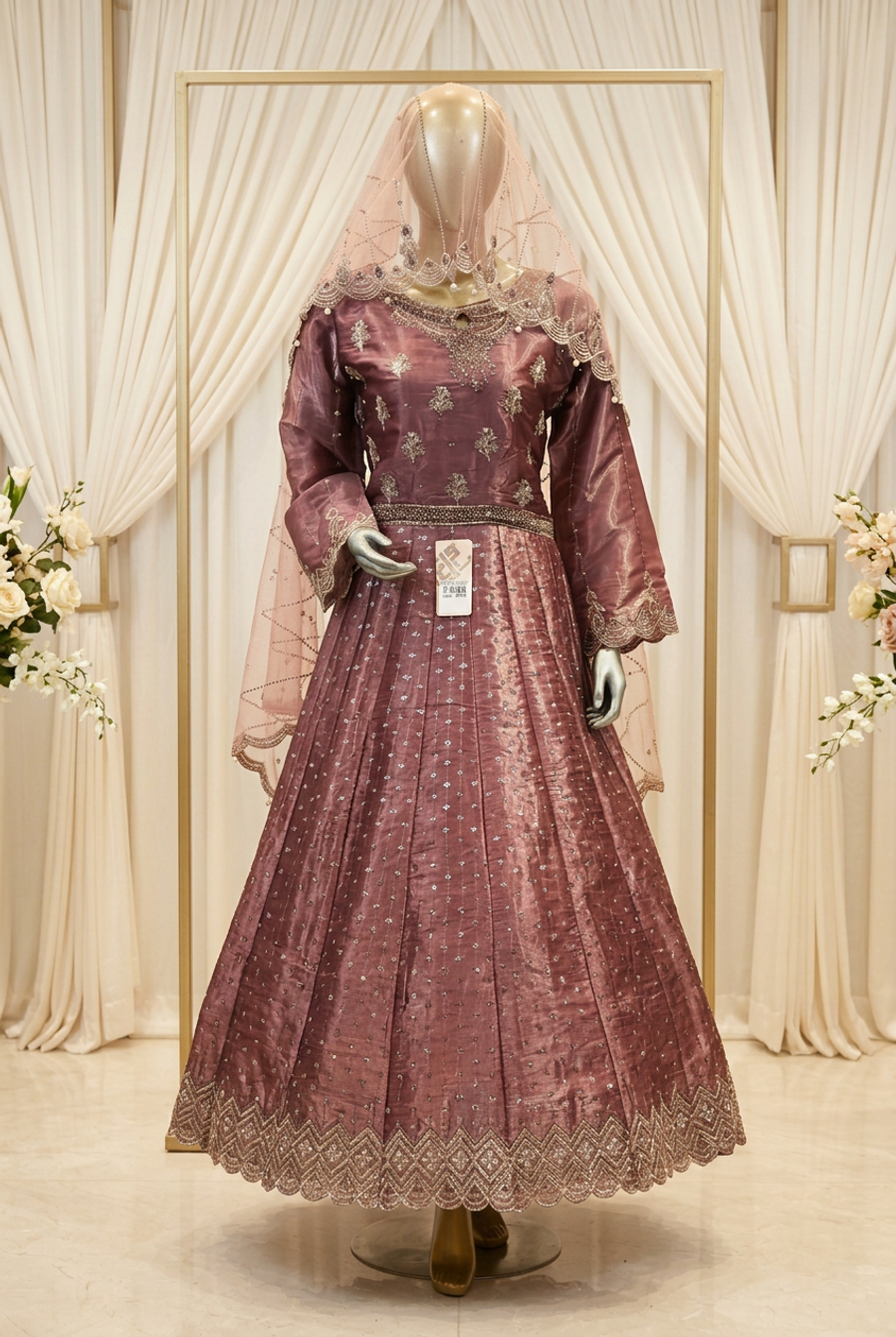 Plum Rose Scalloped Majesty | Metallic Botanical Embroidery & Geometric Hem | Pakistani Formal Flared Gown | Embellished Blush Dupatta | BAWANY Collection — view 4 — Formals by Bawany Threads & Style