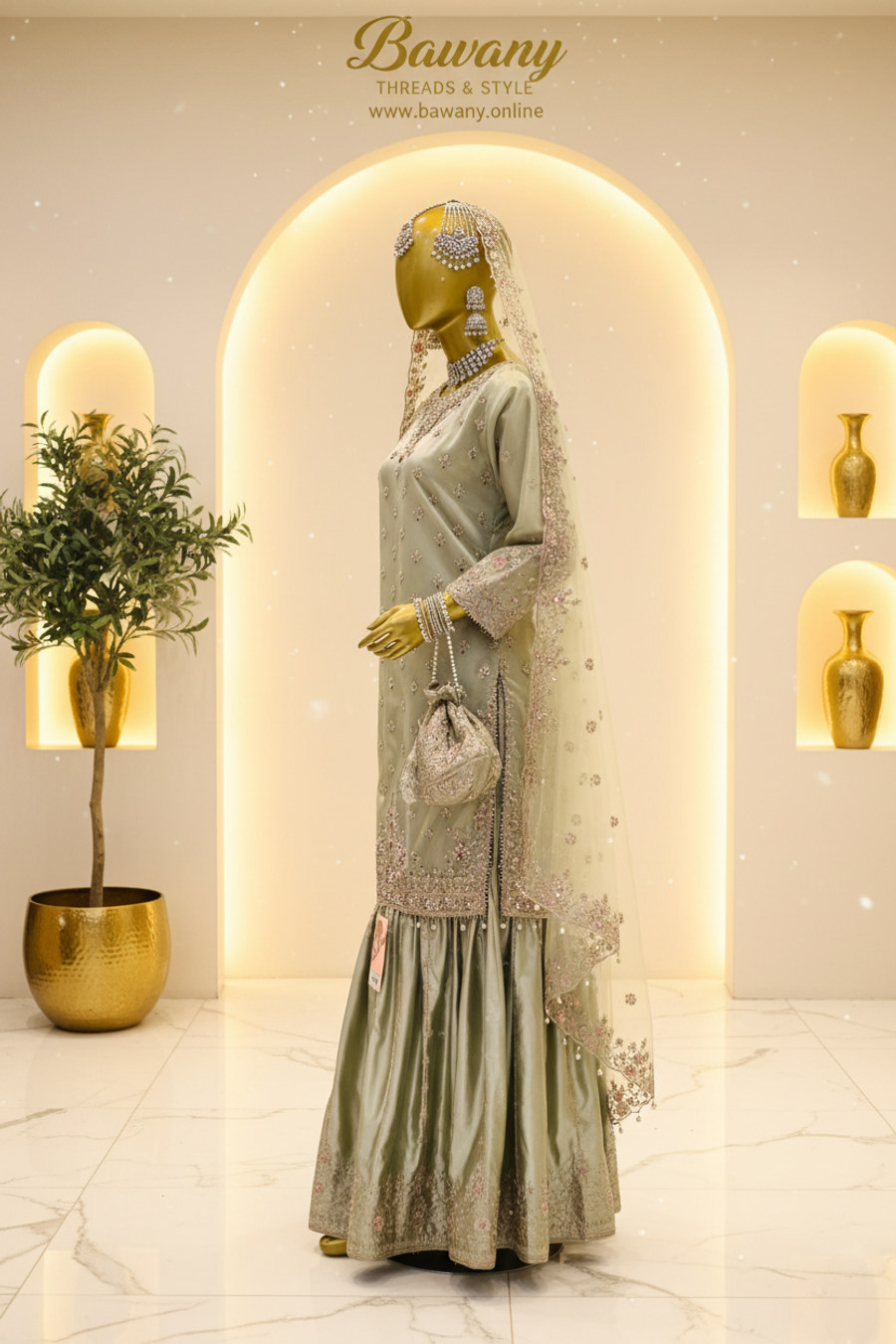 Sage Green Bridal Gharara Suit | Silver Zardozi Bouquet Motifs & Pearl Fringe Drops | 3-Piece Pakistani Formal Wear | Mint Grey Wedding Gharara | Walima & Nikah Collection — view 4 — Formals by Bawany Threads & Style