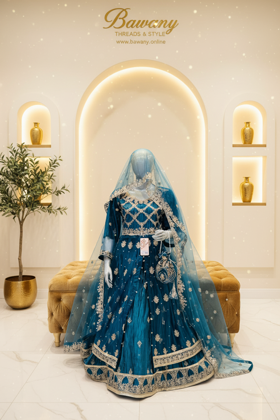 Teal Bridal Lehenga | Diamond Lattice Silver Zardozi Blouse & Large Floral Bouquet Skirt | 3-Piece Pakistani Bridal Wear | Peacock Blue Wedding Lehenga | Sky Blue Dupatta & Teal Potli Bag | Barat Collection — view 2 — Formals by Bawany Threads & Style
