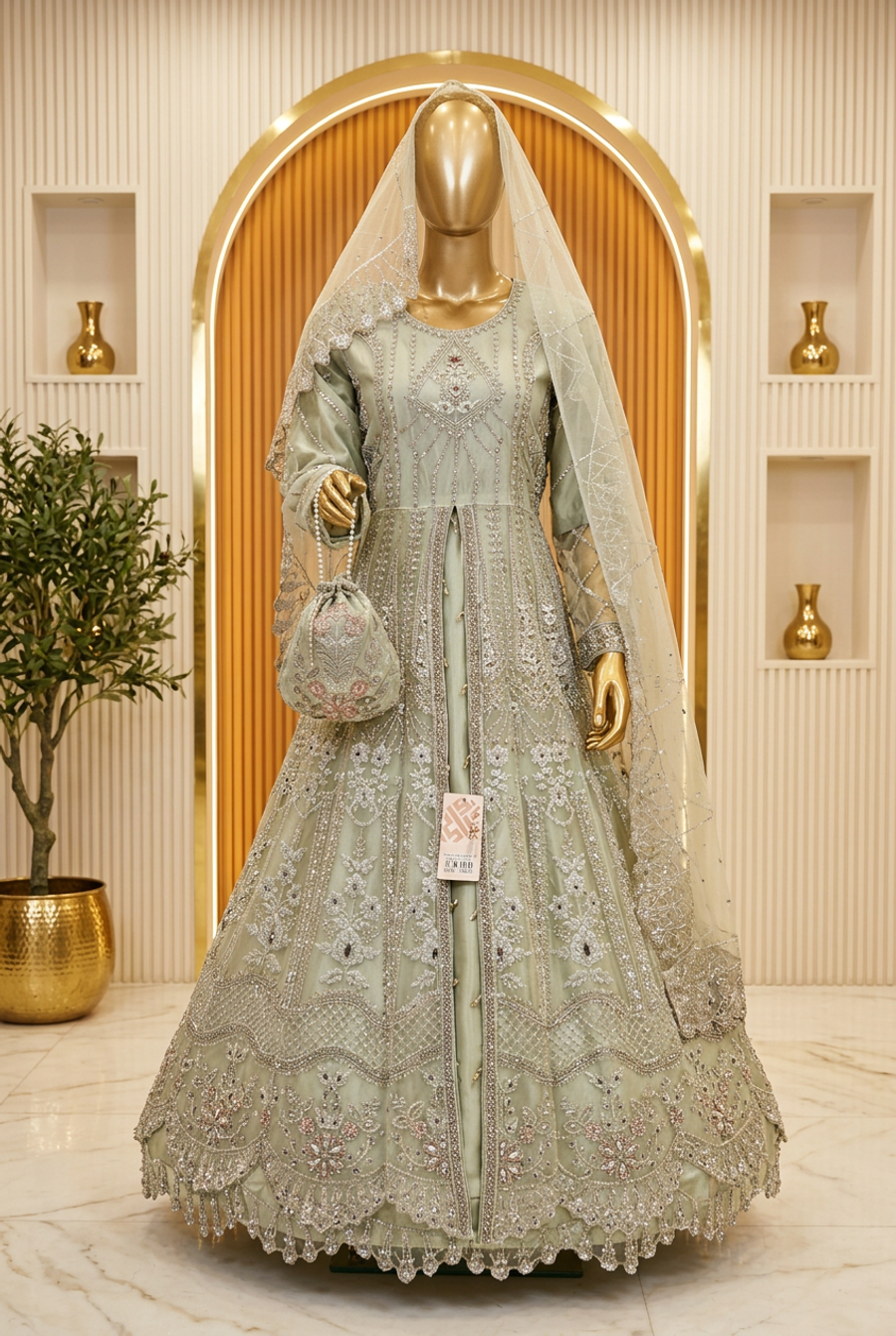 Sage Green Silver Bloom | Floral Embroidery & Scalloped Hem | Pakistani Formal Open-Front Gown | Sheer Dupatta & Matching Potli | BAWANY Collection — Formals by Bawany Threads & Style