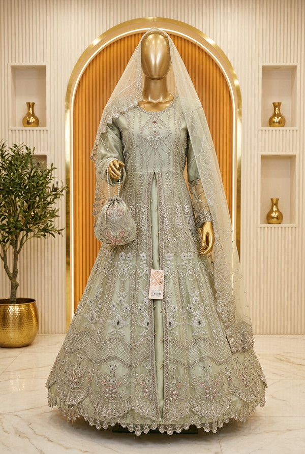 Sage Green Silver Bloom | Floral Embroidery & Scalloped Hem | Pakistani Formal Open-Front Gown | Sheer Dupatta & Matching Potli | BAWANY Collection — Formals by Bawany Threads & Style