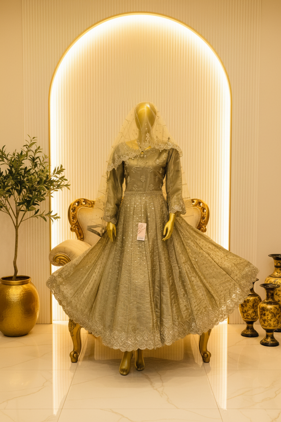 Sage Olive Silk Organza Anarkali Gown | Silver Gold Booti Crystal Waist Belt & Dupatta — view 3 — Bridal by Bawany Threads & Style