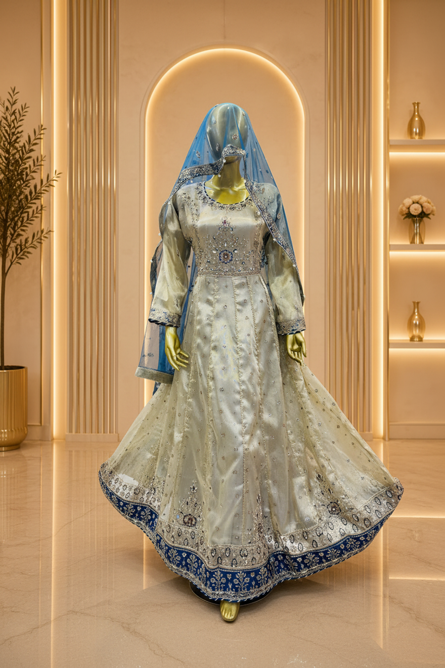Champagne Ivory Organza Anarkali Gown with Sky Blue Dupatta & Navy Embroidered Hem — Bridal by Bawany Threads & Style