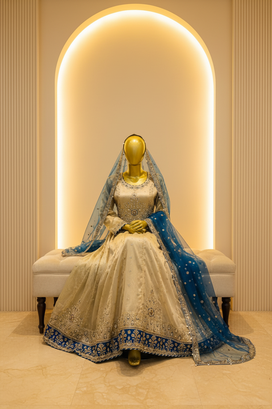 Champagne Ivory Organza Anarkali Gown with Sky Blue Dupatta & Navy Embroidered Hem — view 4 — Bridal by Bawany Threads & Style
