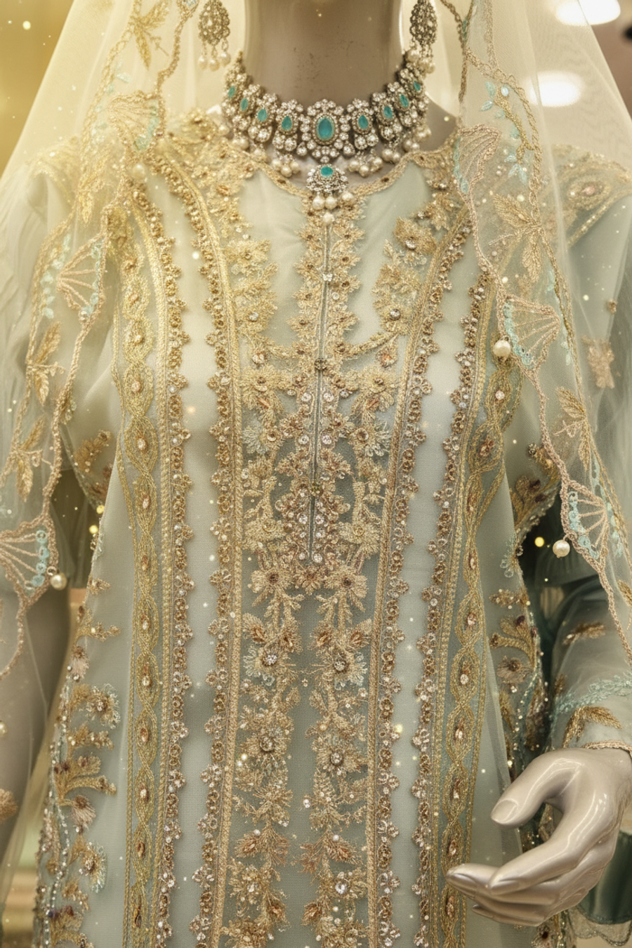 Ice Blue Mint Net Bridal Suit | Gold Silver Zardozi Embroidery with Gharara & Veil — view 4 — Bridal by Bawany Threads & Style