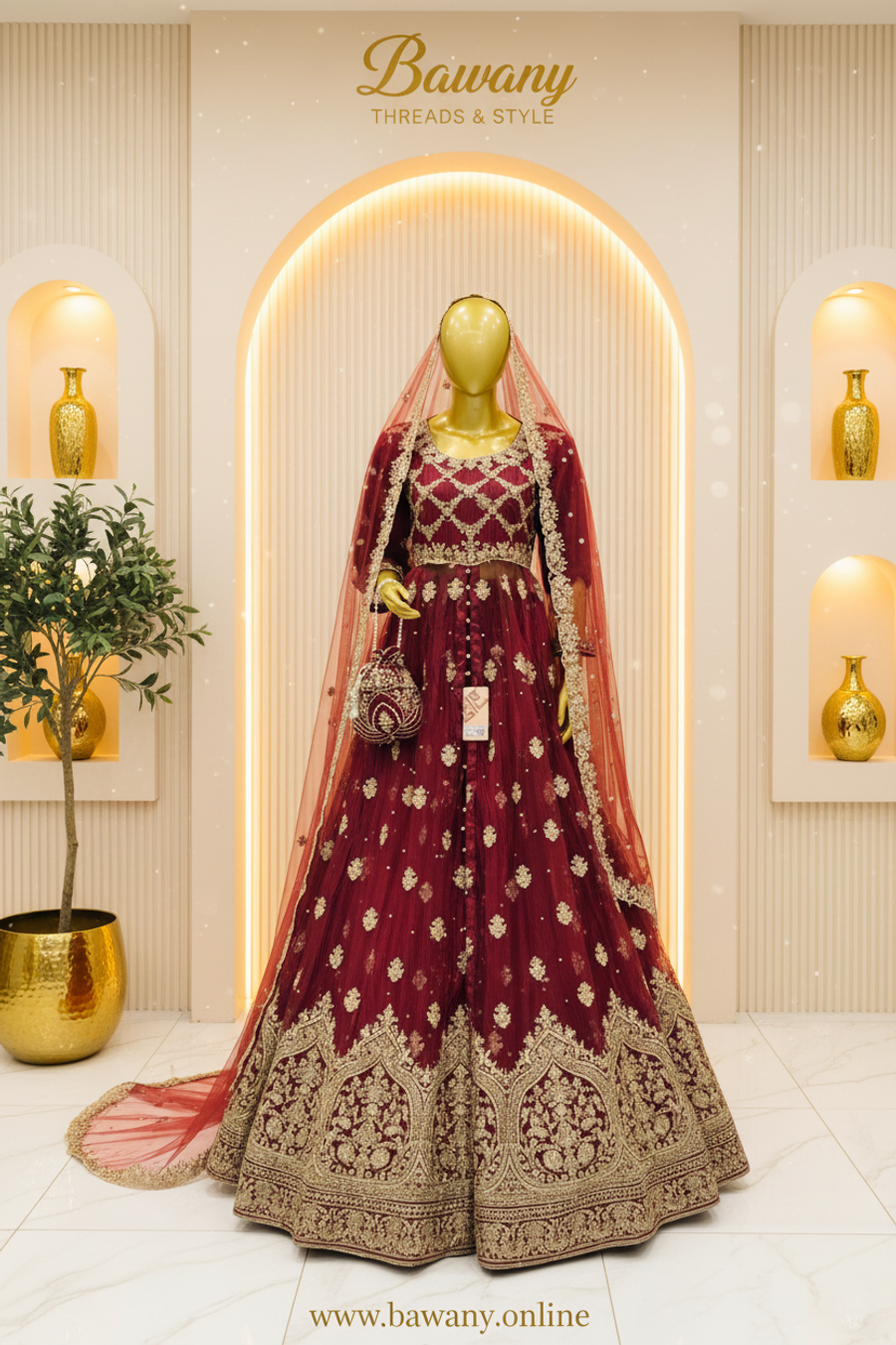 Maroon Bridal Lehenga Set | Gold Zardozi Diamond Grid Choli & Double Arch Border | 3-Piece Pakistani Formal Wear | Burgundy Wedding Lehenga | Barat & Walima Collection — Formals by Bawany Threads & Style