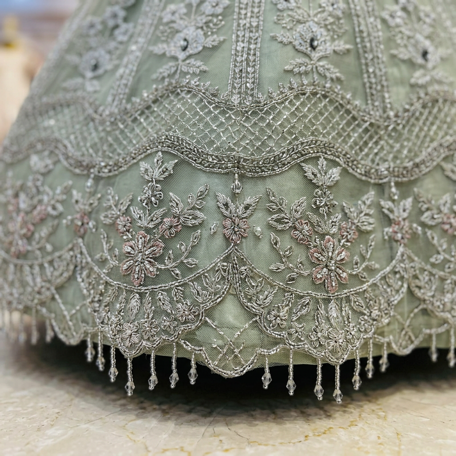 Sage Green Silver Bloom | Floral Embroidery & Scalloped Hem | Pakistani Formal Open-Front Gown | Sheer Dupatta & Matching Potli | BAWANY Collection — view 4 — Formals by Bawany Threads & Style
