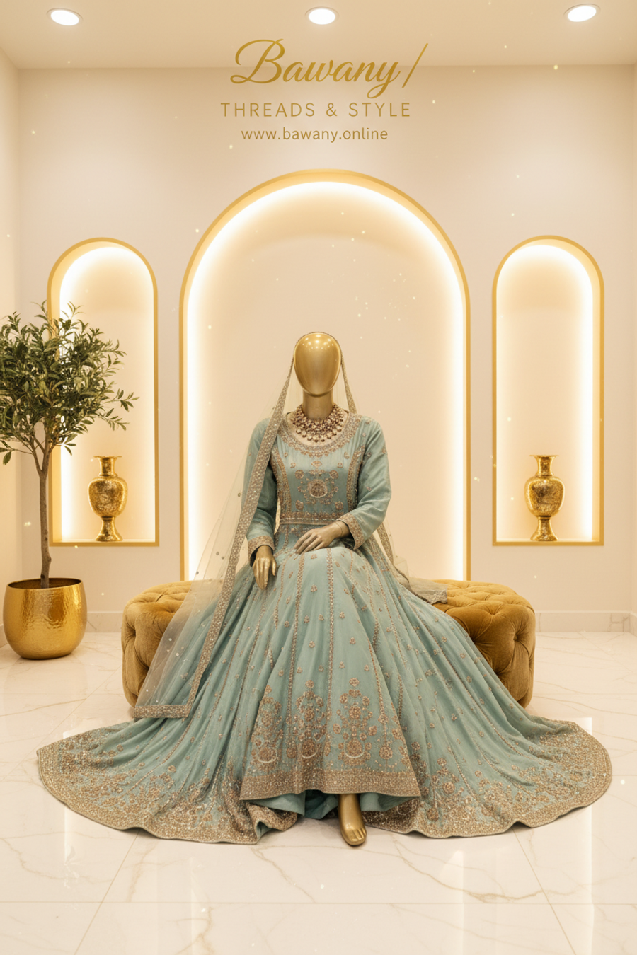 Teal Bridal Anarkali Gown | Silver Zardozi Sunflower Medallion & Scalloped Cuffs | 2-Piece Pakistani Formal Wear | Sage Blue-Green Wedding Gown | Walima & Barat Collection — view 3 — Organza by Bawany Threads & Style