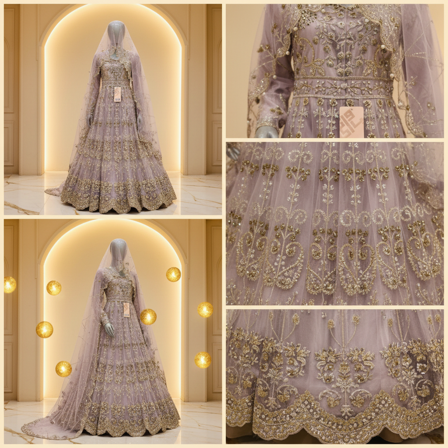 Lavender Lilac Net Anarkali Gown | Silver Gold Floral Vine Embroidery with Veil — view 2 — Bridal by Bawany Threads & Style