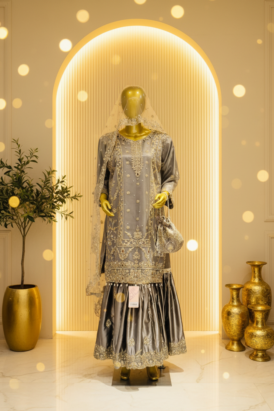 Steel Grey Silk Gharara Set | Gold Zardozi Front Panel & Pearl Tassel Drops — Bridal by Bawany Threads & Style
