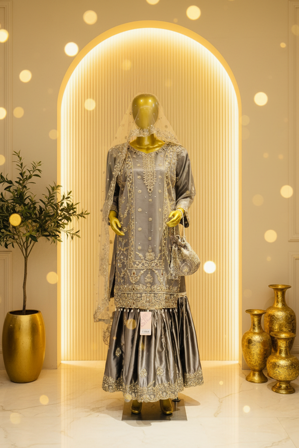 Steel Grey Silk Gharara Set | Gold Zardozi Front Panel & Pearl Tassel Drops — Bridal by Bawany Threads & Style