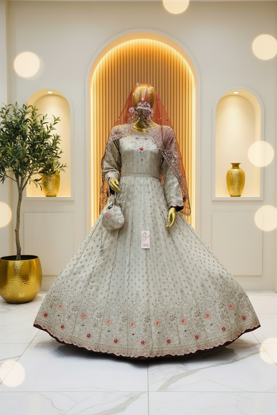  Ivory Champagne Bridal Anarkali Gown | Pearl & Pink Floral Embroidery | 3 Piece Pakistani Walima Dress | Rust Peach Contrast Dupatta | Bridal Collection — Tissue by Bawany Threads & Style