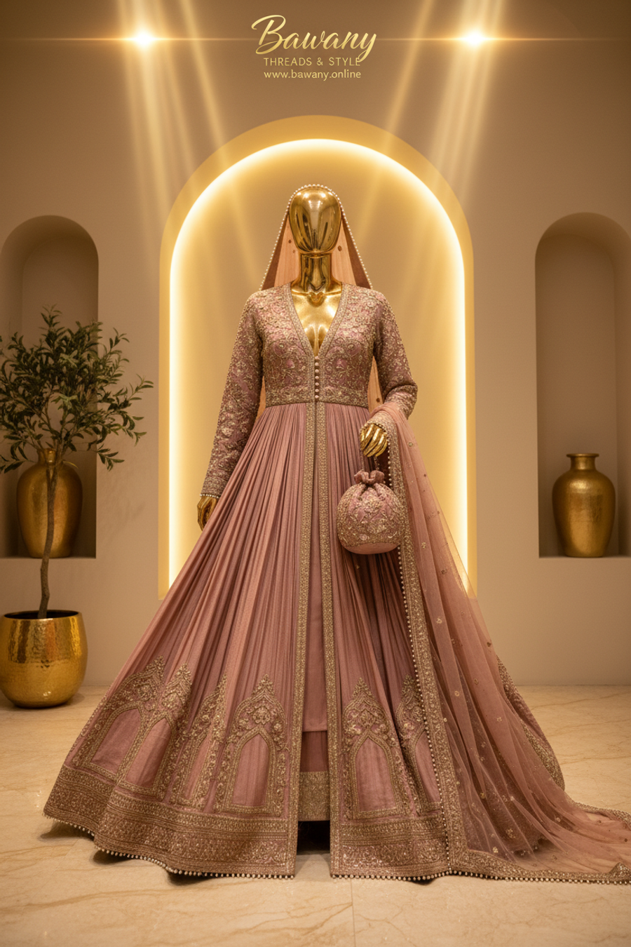 Dusty Rose Open Front Anarkali Gown | Gold Zardozi Arch Motifs & Pearl Button Belt | 3-Piece Pakistani Bridal Suit | Antique Pink Formal Wear | Barat & Walima Collection — view 4 — Net by Bawany Threads & Style