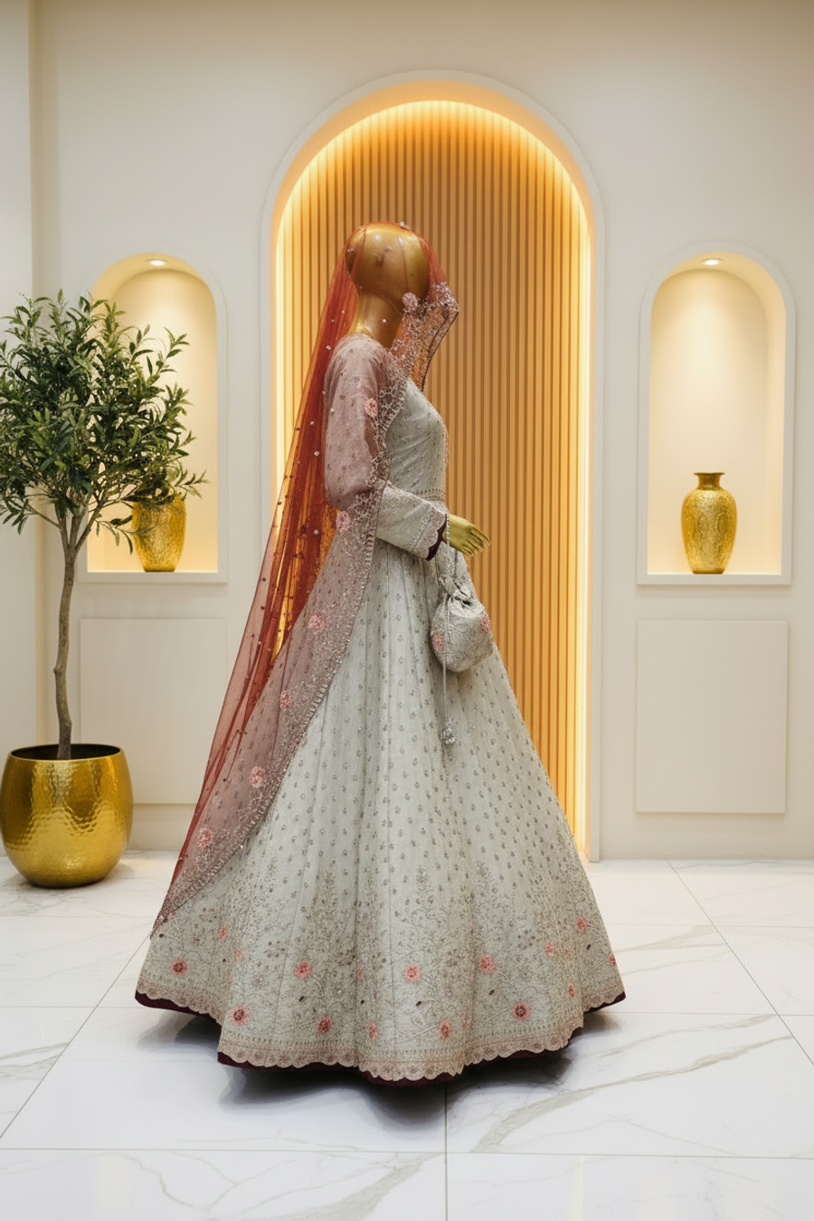  Ivory Champagne Bridal Anarkali Gown | Pearl & Pink Floral Embroidery | 3 Piece Pakistani Walima Dress | Rust Peach Contrast Dupatta | Bridal Collection — view 3 — Tissue by Bawany Threads & Style