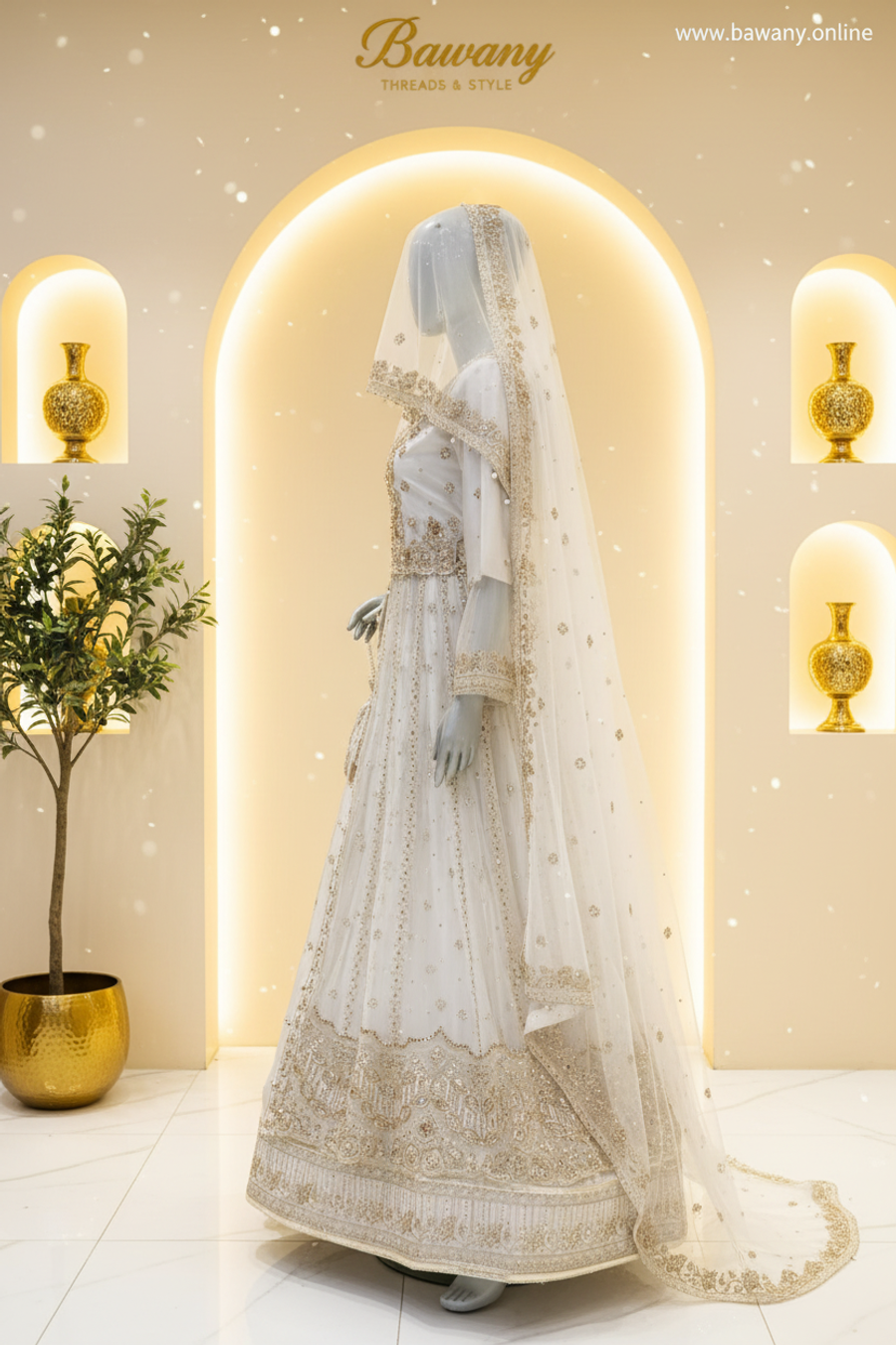 White Bridal Angrakha Lehenga | Dense Silver Zardozi All-Over Bodice & Double Border Hem | 3-Piece Pakistani Formal Wear | Ivory White Wedding Lehenga | Pearl Trim Bell Cuffs | Barat Collection — view 2 — Formals by Bawany Threads & Style