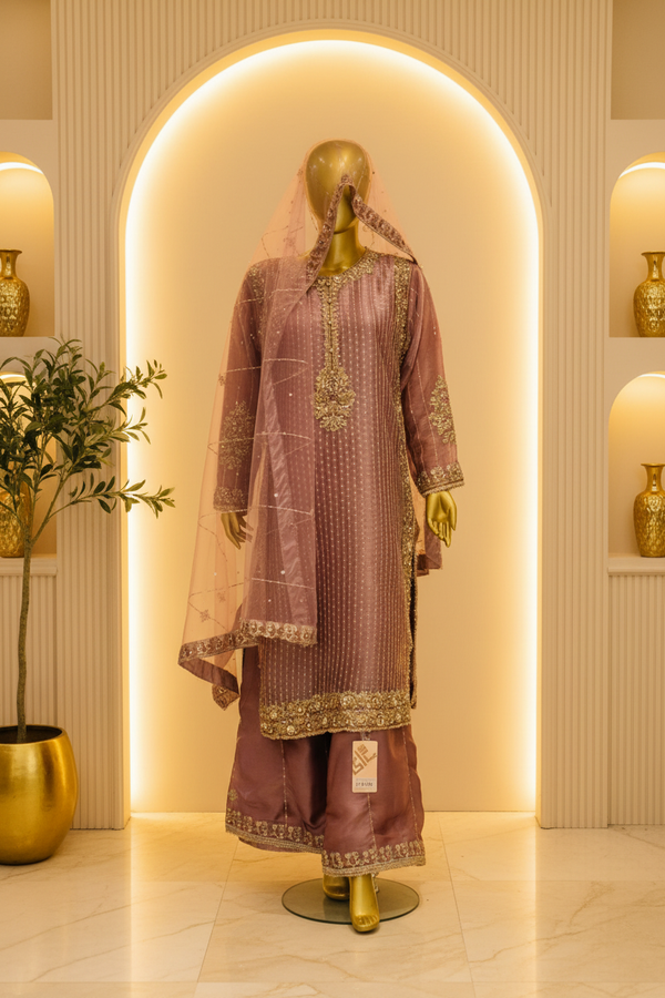 Dusty Rose Mauve Organza Gharara Set | Gold Zardozi Pendant Motif & Sequin Embroidery — Bridal by Bawany Threads & Style
