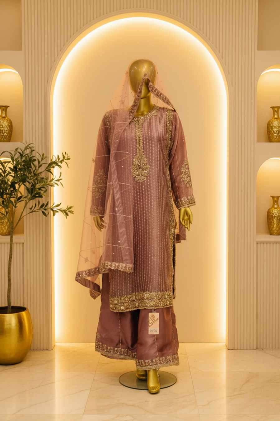 Dusty Rose Mauve Organza Gharara Set | Gold Zardozi Pendant Motif & Sequin Embroidery — Bridal by Bawany Threads & Style