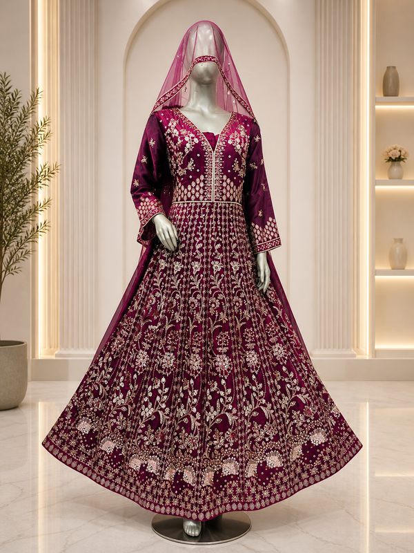 Deep Maroon Heavy Silver and Golden Embroidered Bridal Gown with Dupatta — Bridal by Bawany Threads & Style