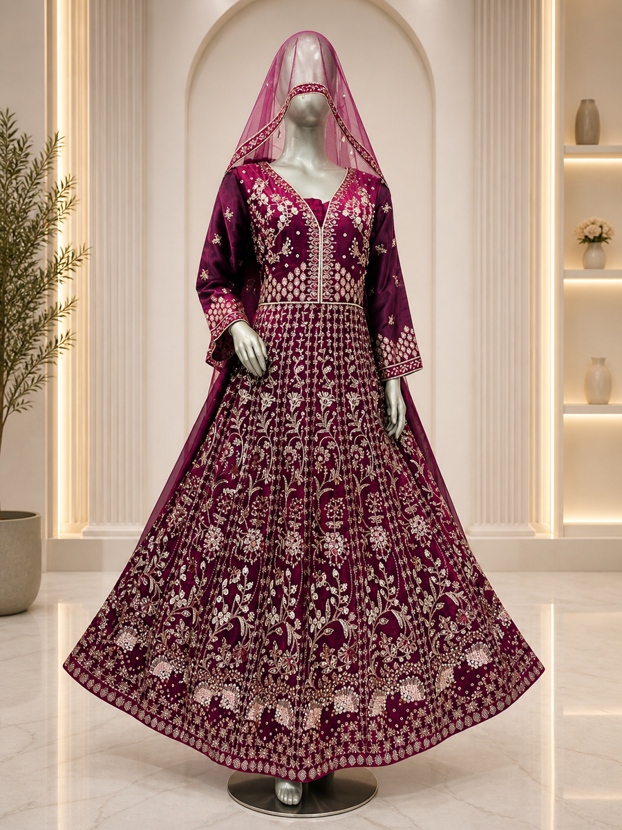 Deep Maroon Heavy Silver and Golden Embroidered Bridal Gown with Dupatta — Bridal by Bawany Threads & Style