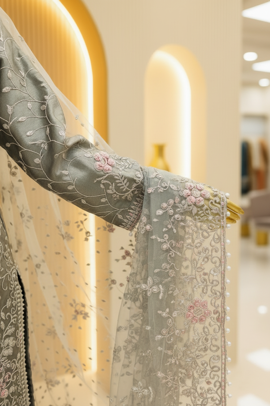 Grey Sage Floral Embroidered | Silver & Pink Floral Threadwork | 3-Piece Pakistani Formal Suit | Sheer Veil & Potli Bag | Festive Collection — view 4 — Tissue by Bawany Threads & Style